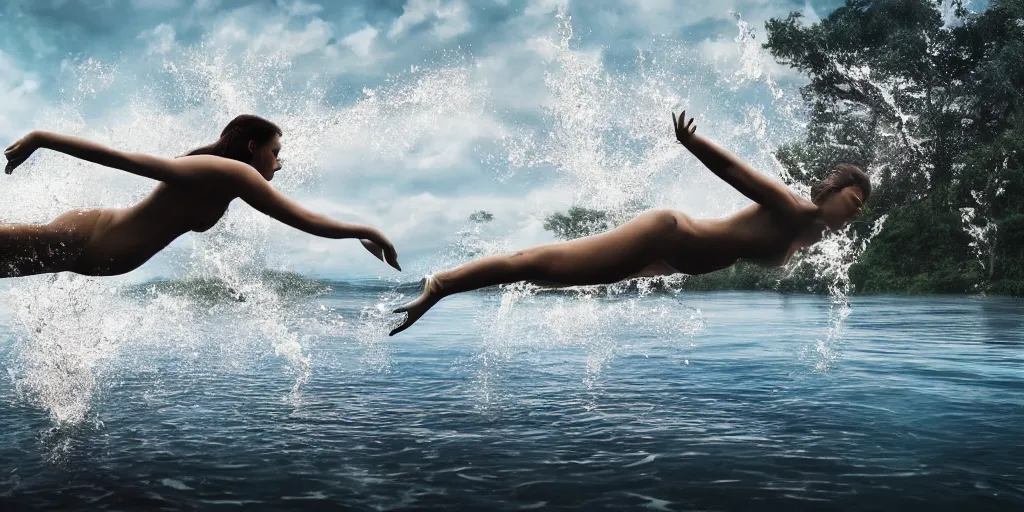 Image similar to a beautiful woman diving into a lagoon, detailed, photorealistic, dramatic