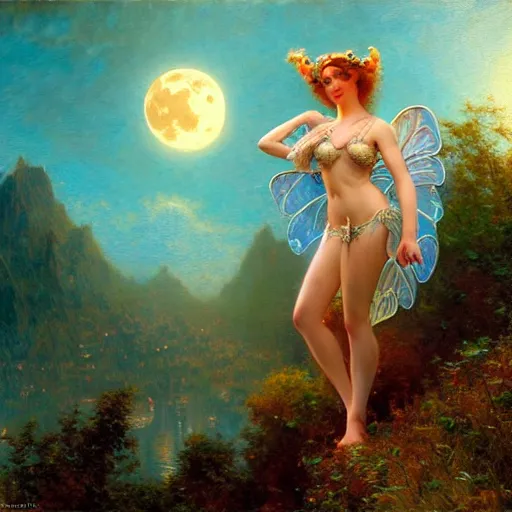 Image similar to attractive fairy magically floating high in the night, fantasy, full moon in background. highly detailed painting by gaston bussiere, craig mullins, j. c. leyendecker, sharp focus, 8 k