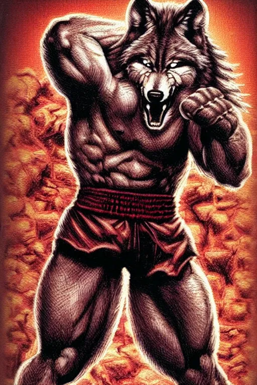 Image similar to extreme long shot. 8 bit nes graphics. antropomorphic muscular masculine wolf. kickboxer fighter, in shorts. wolf head. angry. fine details, very sharp, art from nes game cartridge, 8 0's, vhs artefacts, vaporwave style, marc simonetti and hermann nitsch.