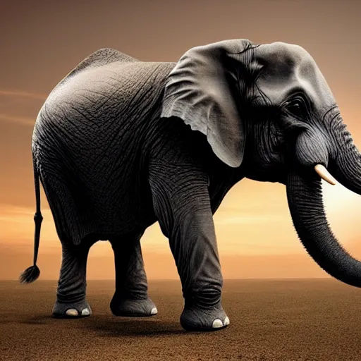 Prompt: an elephant crumbles and turns into dust that disperses in the air, photorealistic