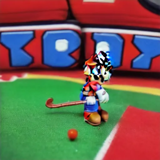 Image similar to super mario playing hockey, highly detailed, extremely high quality, hd, 4 k, 8 k, canon 3 0 0 mm, professional photographer, 4 0 mp, lifelike, top - rated, award winning, realistic, detailed lighting, detailed shadows, sharp, no blur, edited, corrected, trending