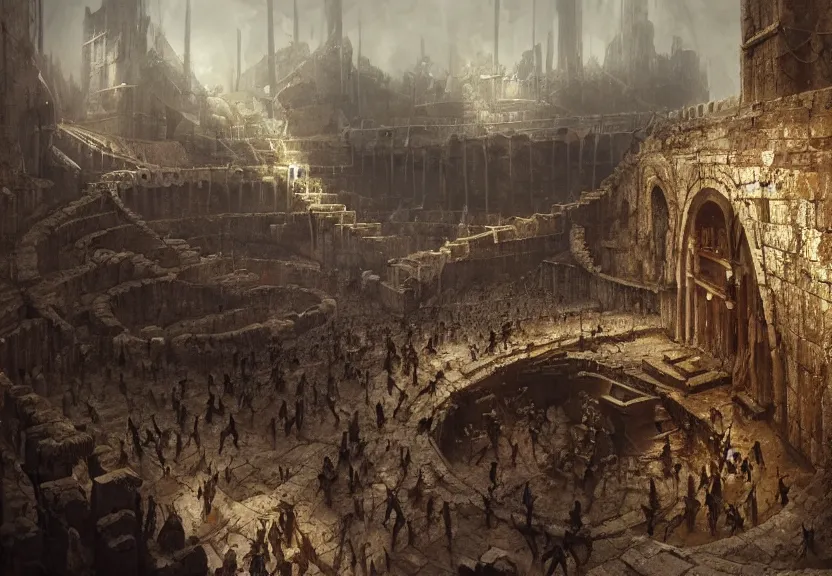 Image similar to ancient arena, surrounded by gladiators, gritty, beksinski, wayne barlowe, ruan jia, dark soul concept art, the hobbit concept art