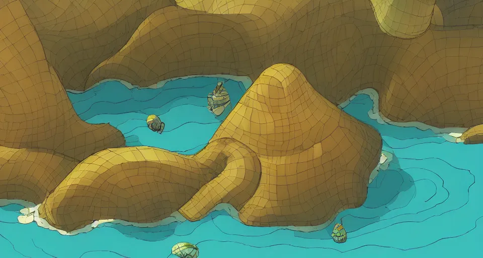 Image similar to giant abalone - shaped seashell house in the ocean by roger deakins, bill sienckiwicz, in the style of zelda windwaker, triadic color scheme, cell shading, 3 d