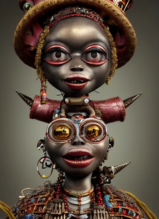 Image similar to highly detailed closeup, portrait of a tin toy voodoo priestess, unreal engine, nicoletta ceccoli, mark ryden, earl norem, lostfish, global illumination, detailed and intricate environment