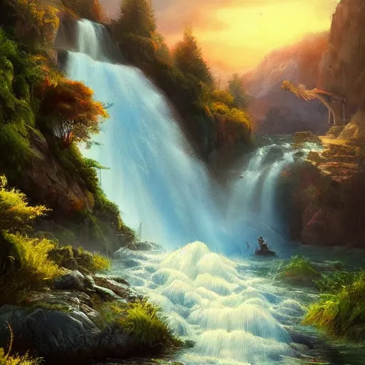 Prompt: landscape with waterfalls and stunning light and cheerful colors, epic composition, cinematic lighting, masterpiece, trending on artstation, very very detailed, masterpiece, stunning