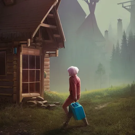 Image similar to woman leaving her wooden broken house by simon stålenhag, very highly detailed, award winning, rendered by Beeple, by Makoto Shinkai, syd meade, starwars, space art concept, digital art, unreal engine, blender, WLOP, trending on artstation, 4K UHD image, octane render