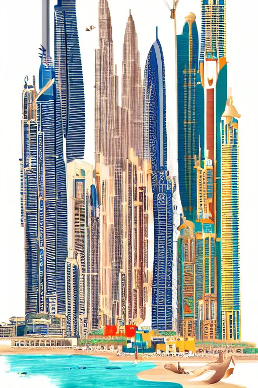 Prompt: dubai, illustration, in the style of katinka reinke