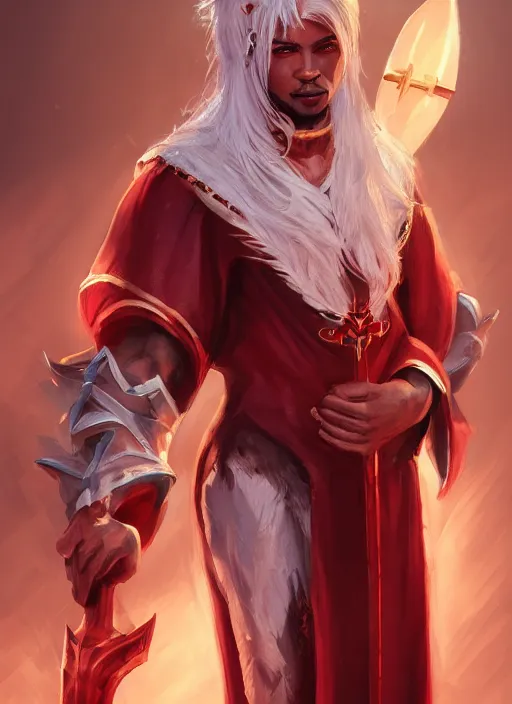 Prompt: a highly detailed illustration of white haired african priest, wearing cross on robe, wielding red blades made of blood, evil standing smiling pose, muscular, intricate, elegant, highly detailed, centered, digital painting, artstation, concept art, smooth, sharp focus, league of legends concept art, WLOP