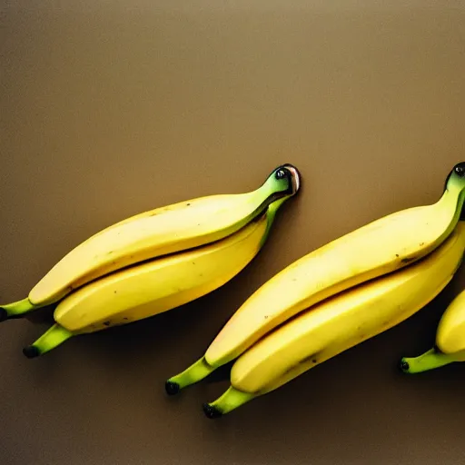 Image similar to professional photograph of banana ducks, peeled bananas with googly eyes and duck beaks