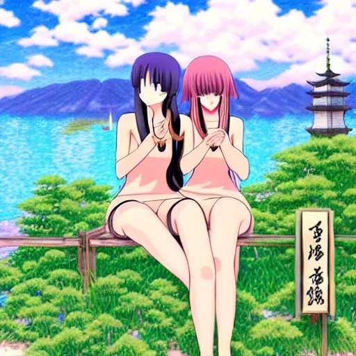 Image similar to two lesbian girls smoking hemp in front of a lake in the style of anime, pixiv, intricate, elegant, highly detailed, lush, stylized, japanese, smooth