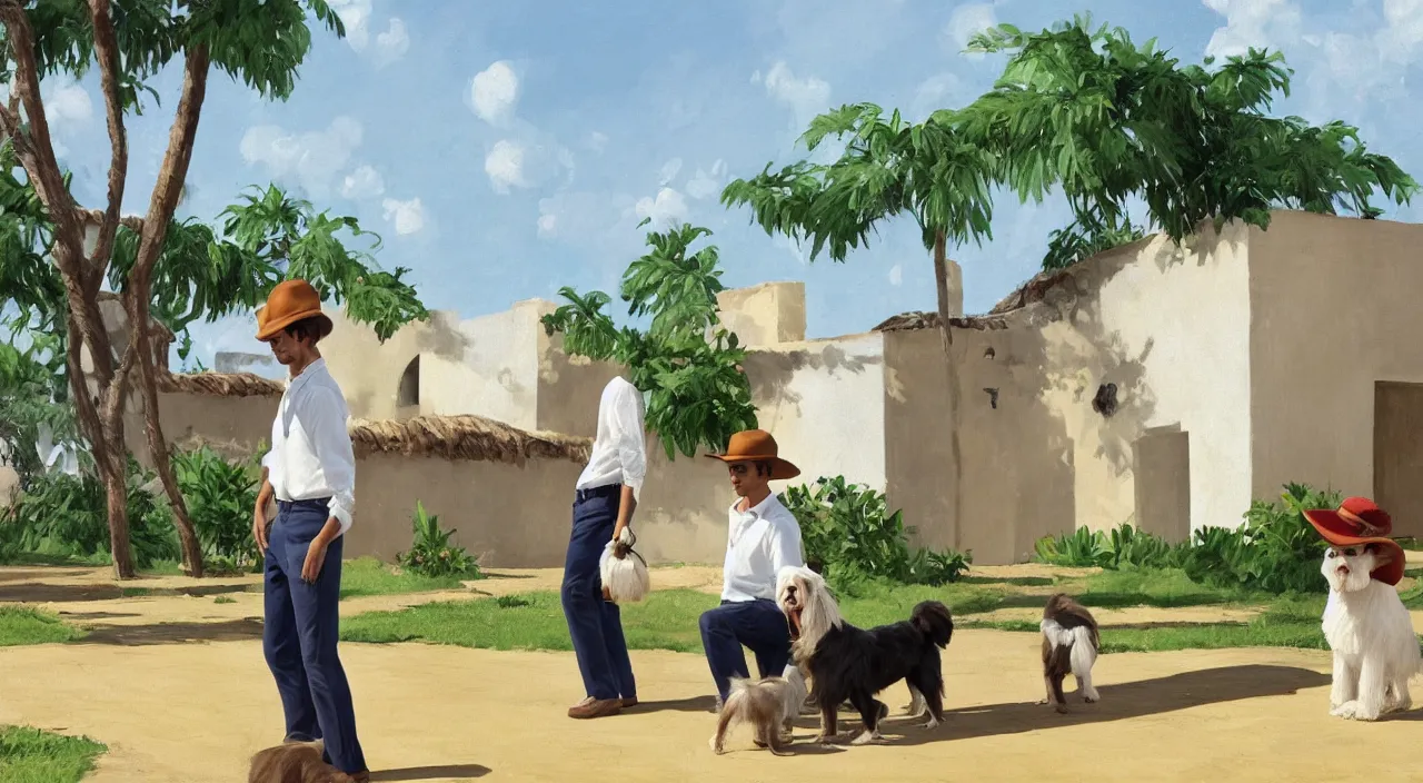 Prompt: a young man wearing a canotier cuban hat, crisp white linen shirt and slacks, leather boots, speaking to a large cream - colored havanese dog, outside a hacienda in cuba, 1 9 0 0, tartakovsky, atey ghailan, goro fujita, studio ghibli, rim light, mid morning lighting, clear focus, very coherent