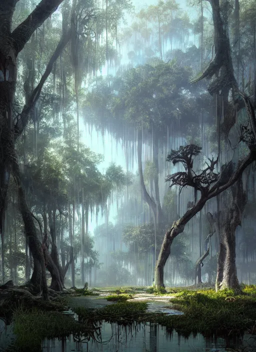 Prompt: a digital painting of a swampy area with trees, a detailed matte painting by stephan martiniere, cgsociety, fantasy art, matte painting, concept art, fractalism