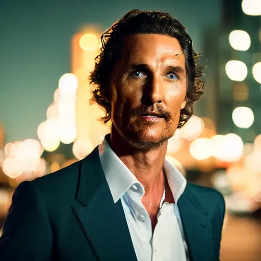 Image similar to a still of matthew mcconaughey . Shallow depth of field. City at night in background, lights, colors ,studio lighting, mood, 4K. Profession photography