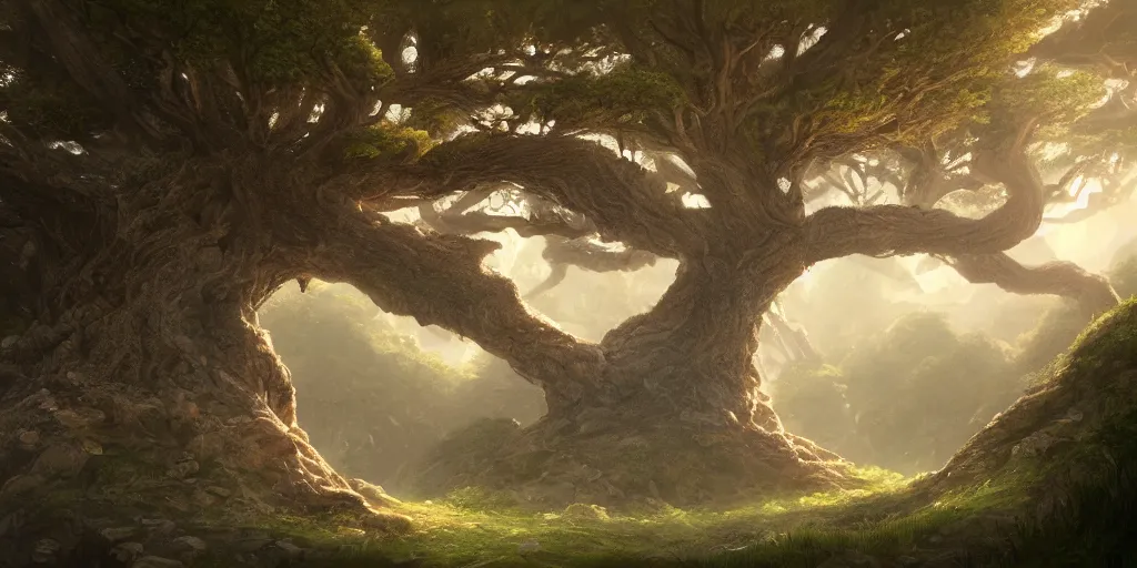 Prompt: a giant tree in the center of a in immense valley, intricate, highly detailed, digital painting, artstation, concept art, smooth, sharp focus, illustration, cinematic, vfx