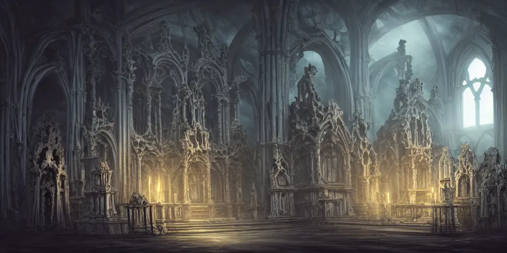 Image similar to low ultrawide interior shot of sedlec ossuary, covered in bones, smooth concept art in anime style mixed with full color fujifilm, dark, foggy, misty, atmospheric, trending on artstation, cgsociety, oil on canvas, denoise, cinematic masterpiece