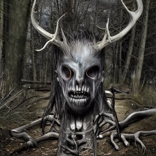 Image similar to trail cam footage of a wendigo, horror, hyper realistic, photorealistic, highly detailed