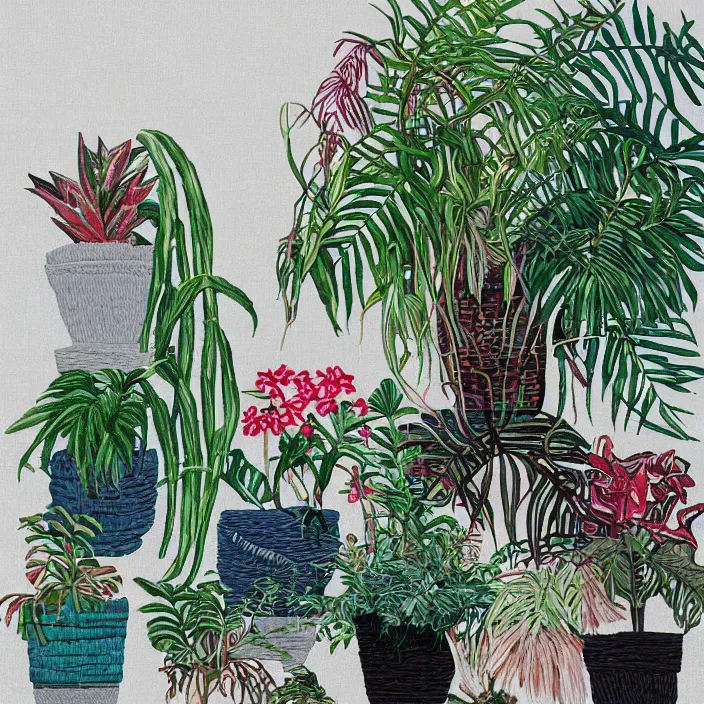 Image similar to exotic house plants. embroidery, painting by ardon mordecai