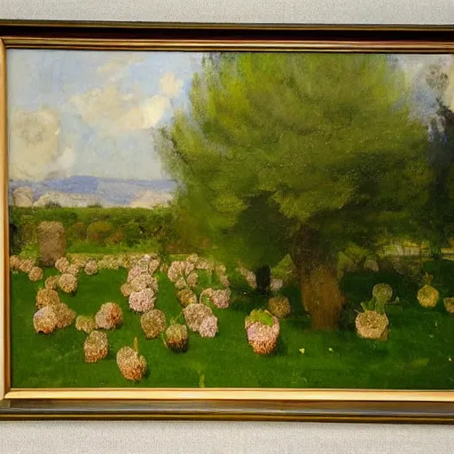 Image similar to by john lavery kokedama, vignetting expressive, shadowy. a beautiful installation art depicting a farm scene. the installation art shows a view of an orchard with trees in bloom.