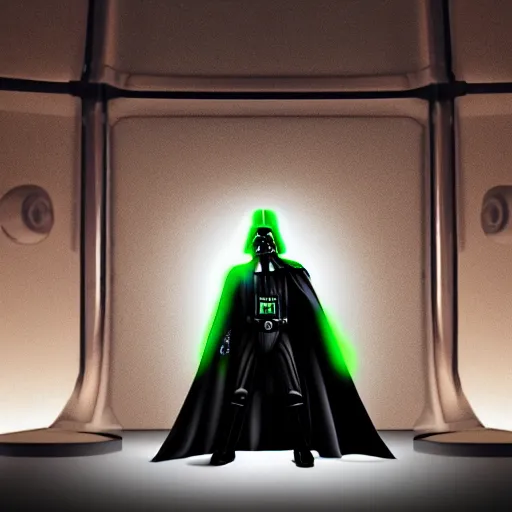 Image similar to A studio image of Darth Vader holding a green lightsaber, ray tracing, black background, 4k, hyper detailed, studio lighting, movie set,