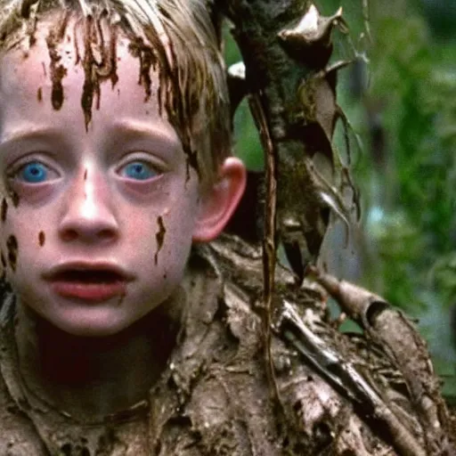 Image similar to cinematic still of macaulay culkin age 8, covered in mud and watching a predator in a swamp in 1 9 8 7 movie predator, hd, 4 k