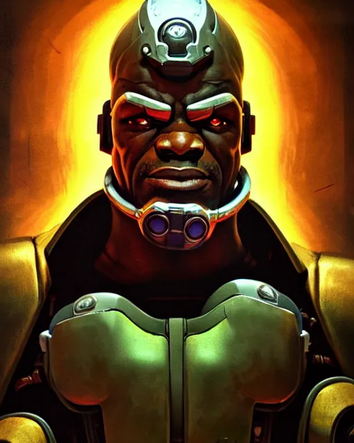 Image similar to doomfist from overwatch, sinister smile, elegant, character portrait, portrait, close up, concept art, intricate details, highly detailed, vintage sci - fi poster, retro future, in the style of chris foss, rodger dean, moebius, michael whelan, and gustave dore