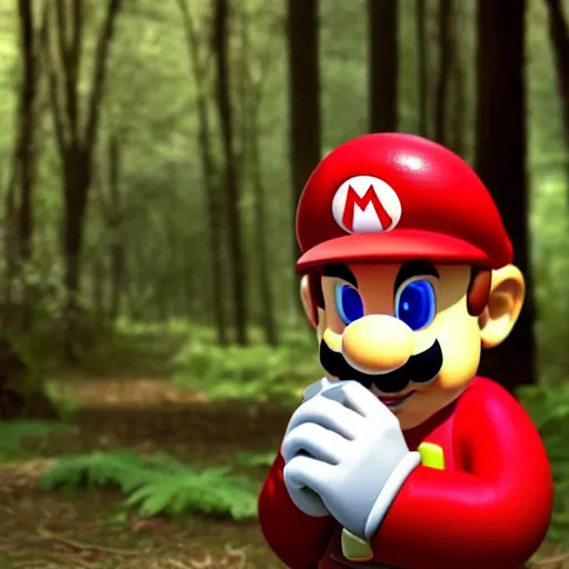 Prompt: real life photograph of Super Mario in the woods, discovering a bright red and white mushroom, his face is filled with extreme surprise, 4K award winning photography