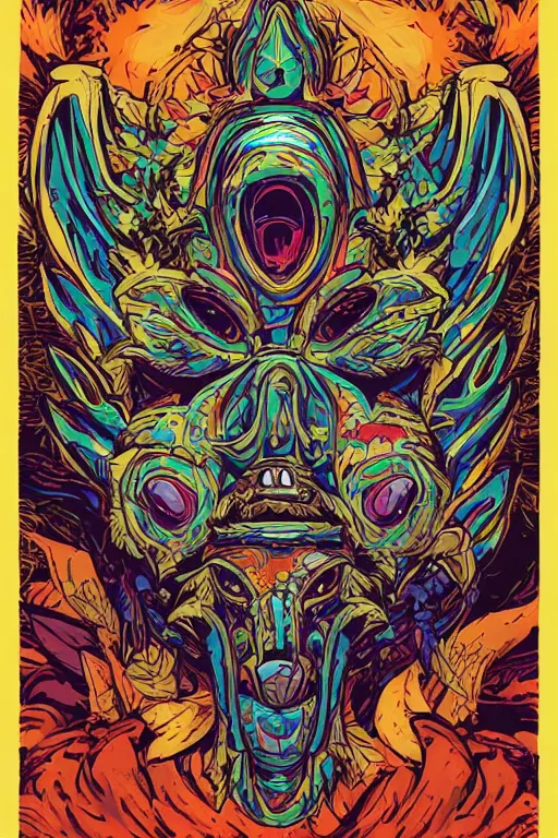 Image similar to animal mask totem roots flower tribal feather gemstone plant wood rock shaman vodoo video game vector cutout illustration vivid multicolor borderlands comics by josan gonzales and dan mumford radiating a glowing aura