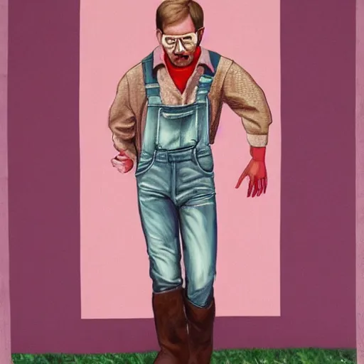 Image similar to jeffrey dahmer in pink overalls and brown boots, oil painting, gucci poster