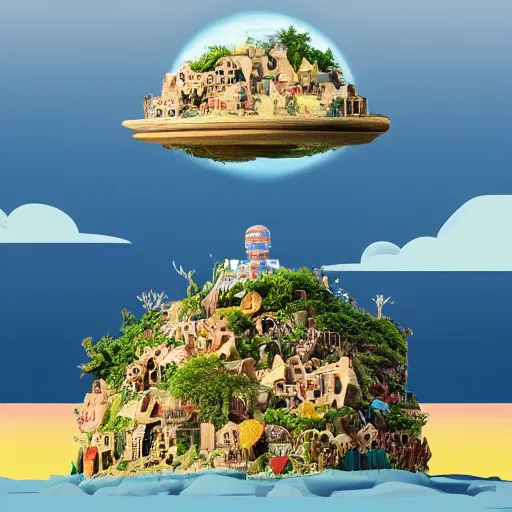 Image similar to a picture of a floating island with a house on it, an album cover by Justin Currie, polycount, plasticien, made of plastic, concert poster, made of trash