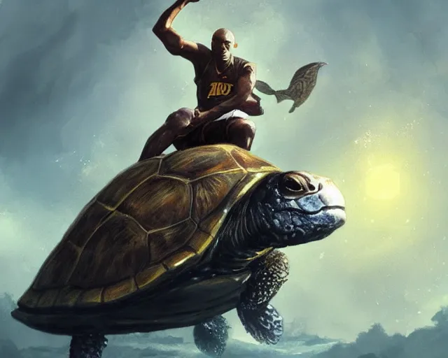 Image similar to kobe bryant riding on a turtle in heaven, fantasy art, in the style of greg rutkowski, illustration, epic art, fantasy, intricate, elgant, amazing detail, digital painting, artstation, concept art, smooth, sharp focus