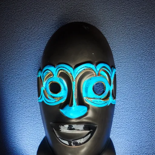 Prompt: a dark African ritual mask with light blue details, realistic, photography