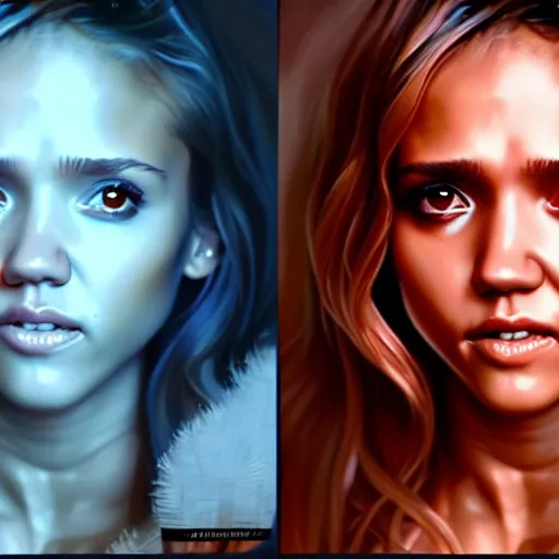 Prompt: beautiful digital painting jessica alba / movie the thing 1 9 8 2 / john carpenter with high detail, transformation, 8 k, stunning detail, photo by artgerm, greg rutkowski and alphonse mucha, unreal engine 5, 4 k uhd