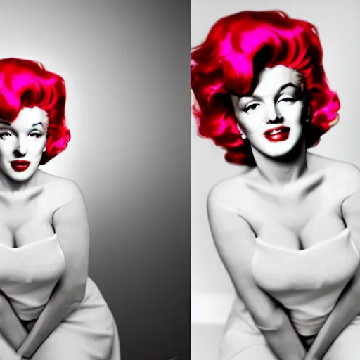 Image similar to Stunning modern studio portrait photograph of the original female model named Marilyn Monroe standing in a white room wearing a red dress, pretty face, digital art by NVIDIA, XF IQ4, f/1.4, ISO 200, 1/160s, 8K, RAW, unedited, symmetrical balance, in-frame, sharpened, RTX On