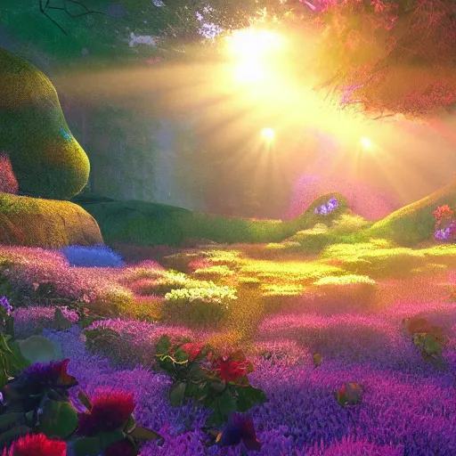 Prompt: ethereal fractal landscape, heavenly, angelic, volumetric lighting, photorealism, hyperrealism, god rays, golden hour, flowering vines, stained glass creatures