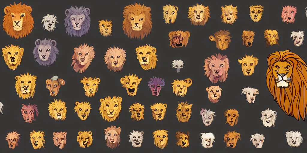 Prompt: game asset of unique lion heads on black background, shocked facial expression, organic, animated hanna barbera color palette, animated hanna barbera black inking, toon shading, 5 colors, solid colors, flat 2 d design, 2 d sprites, 8 k, close up