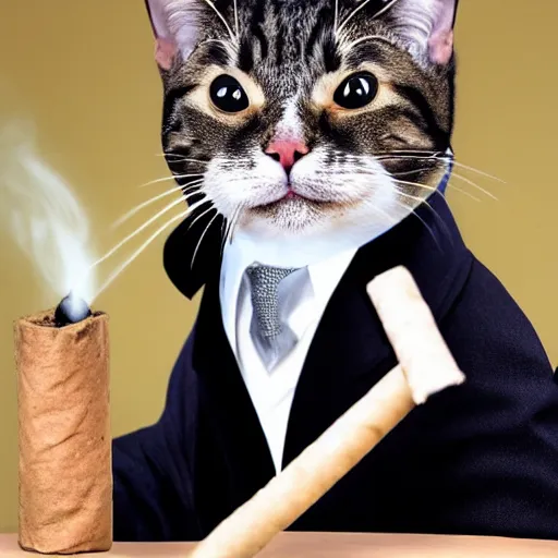 Image similar to cat wearing a suit smoking a cigar