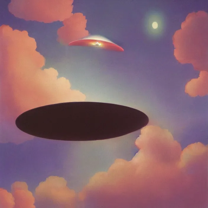 Image similar to UFO hovering over an African Jesus , clouds, colourful, painting by Hsiao-Ron Cheng,