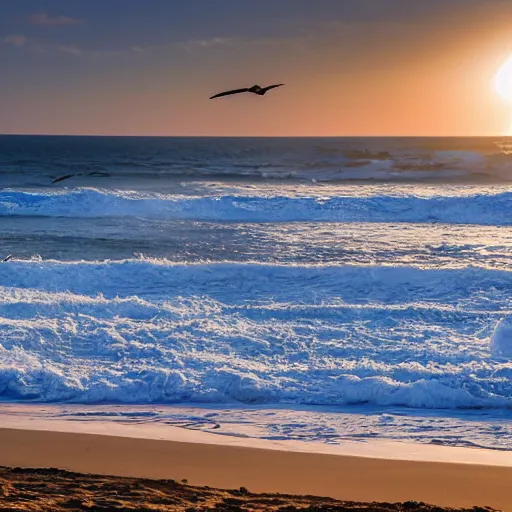 Prompt: wide angle, zoom out, captured image of a sun-dog ocean white sand, background of crashing surf (foam, rocks), backlit seagulls flying in far distance, tranquil, calming, nostalgic