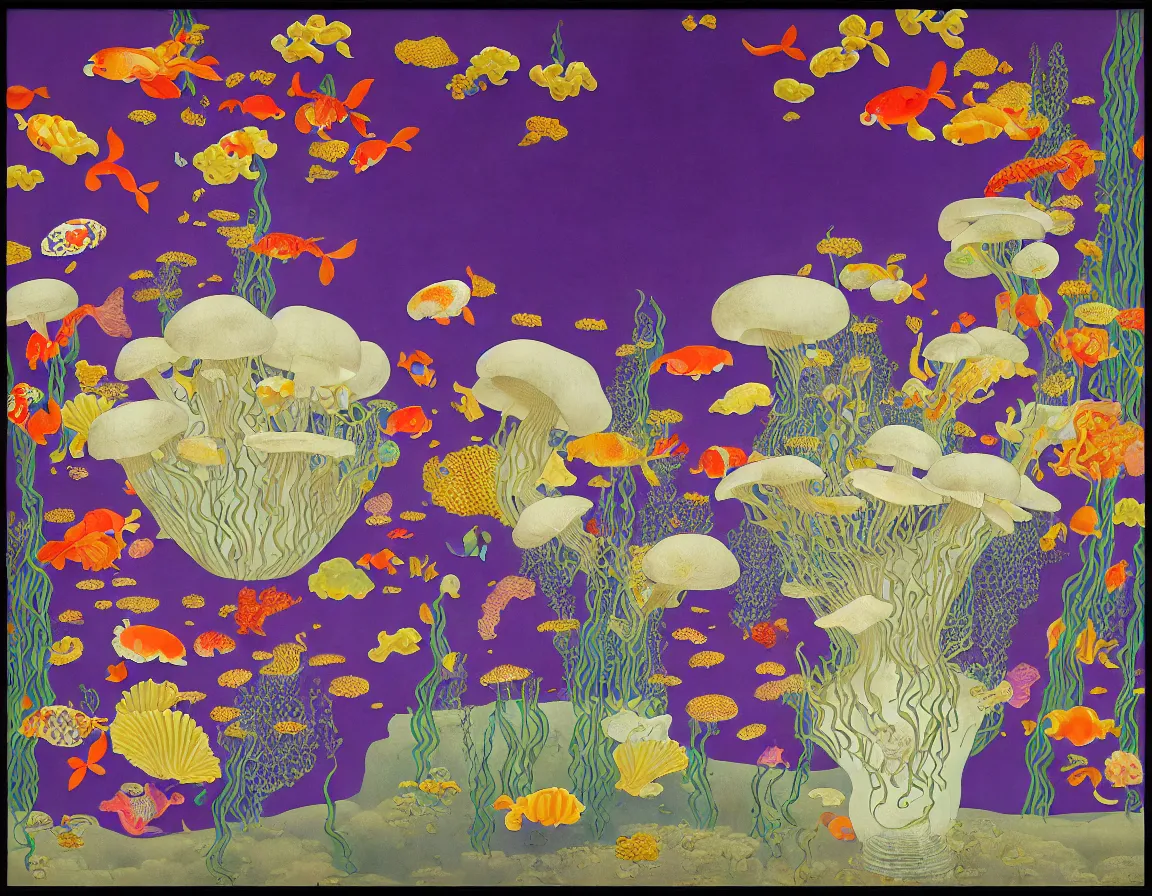 Prompt: vase of mushroom in the sky and under the sea decorated with a dense field of stylized scrolls that have opaque purple outlines, with koi fishes, ambrosius benson, kerry james marshall, afrofuturism, oil on canvas, hyperrealism, light color, no hard shadow, around the edges there are no objects