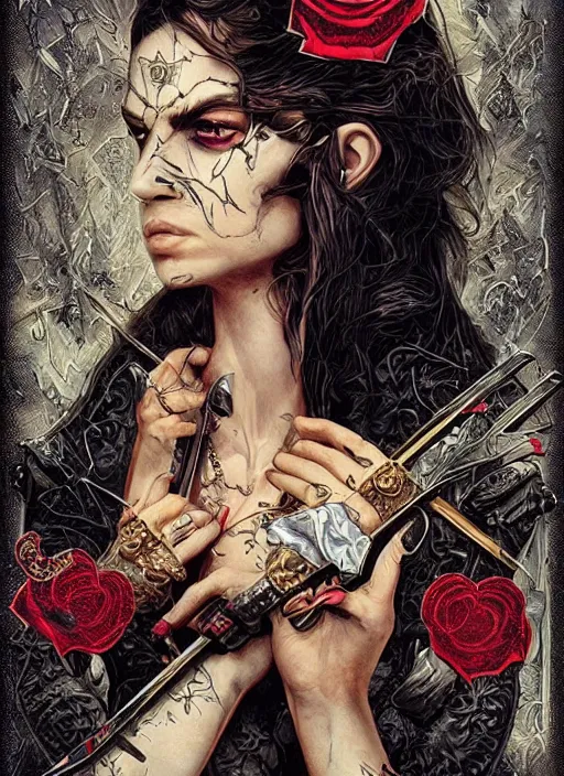 Image similar to tarot card :: horror :: vampires and draculas :: hearts and roses :: gold and silver :: guns and swords :: side profile :: highly details :: intricate details :: Sandra Chevrier and bastien lecouffe deharme