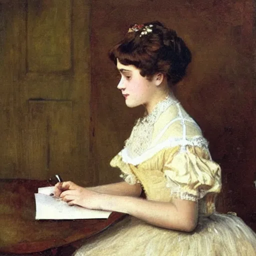 Image similar to victorian girl in ball gown writing a letter, painting by alfred stevens