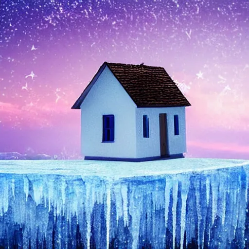 Prompt: A dreamy picture of a small house on the cliff, a huge icy blue moon, a purple sky full of small stars