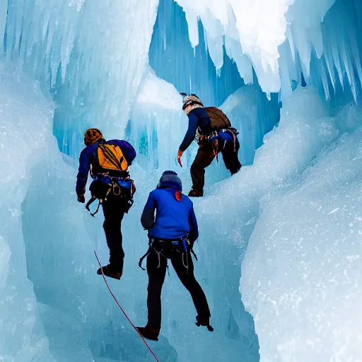 Prompt: photo realistic explorers climbing through massive ice cave