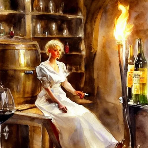 Image similar to beautiful blonde in hot dress in a wine cellar, food, pork, beer, schnapps, rustic, traditional, torches on the wall, watercolor by vladimir volegov and anders zorn, highly detailed, masterpiece