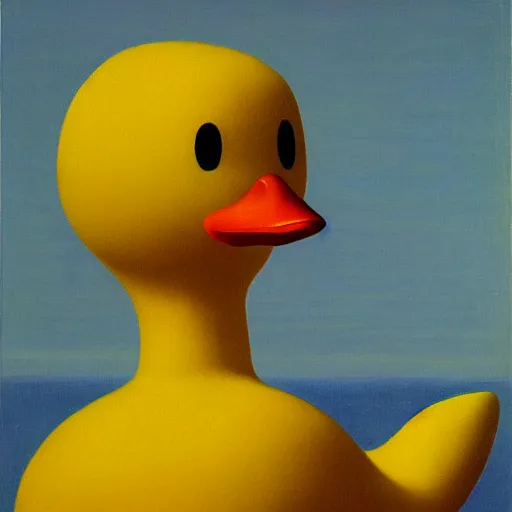 Prompt: portrait of a yellow rubber duck by rene magritte, oil on canvas. - n 9 - i