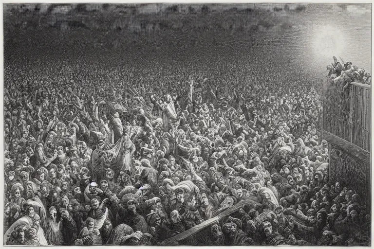 Prompt: aerial view, crowd of people looking up, Gustave Dore lithography