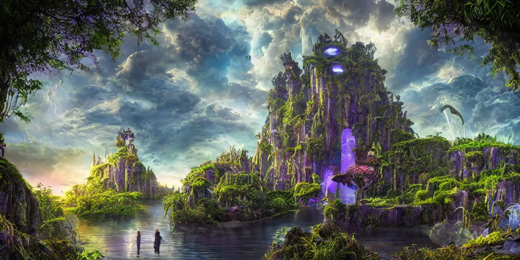 Prompt: balanced masterpiece, fairytale, futuristic city, industrial lake, monolithic temple, interstellar infinity portal, rainforest mountains, lush plants flowers, epic natural light, bright clouds, luminous sky, outer worlds, bright cinematic lighting, edmund evans, michael cheval, michael whelan, airbrush digital nouveau oil painting, vray, 8 k hd