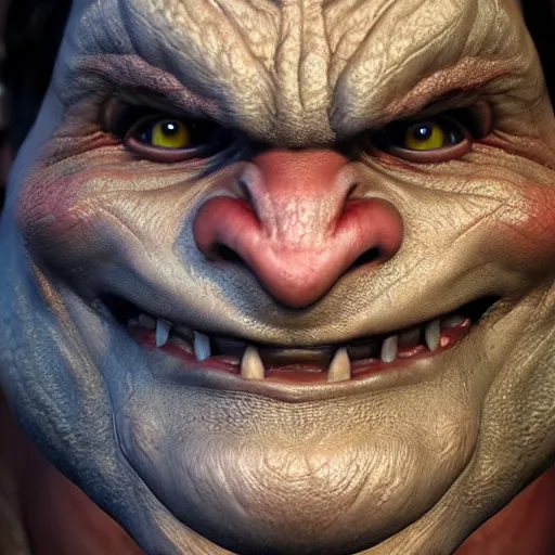 Prompt: An orc smiling into the camera, portrait, artstation, realistic, highly detailed, bokeh