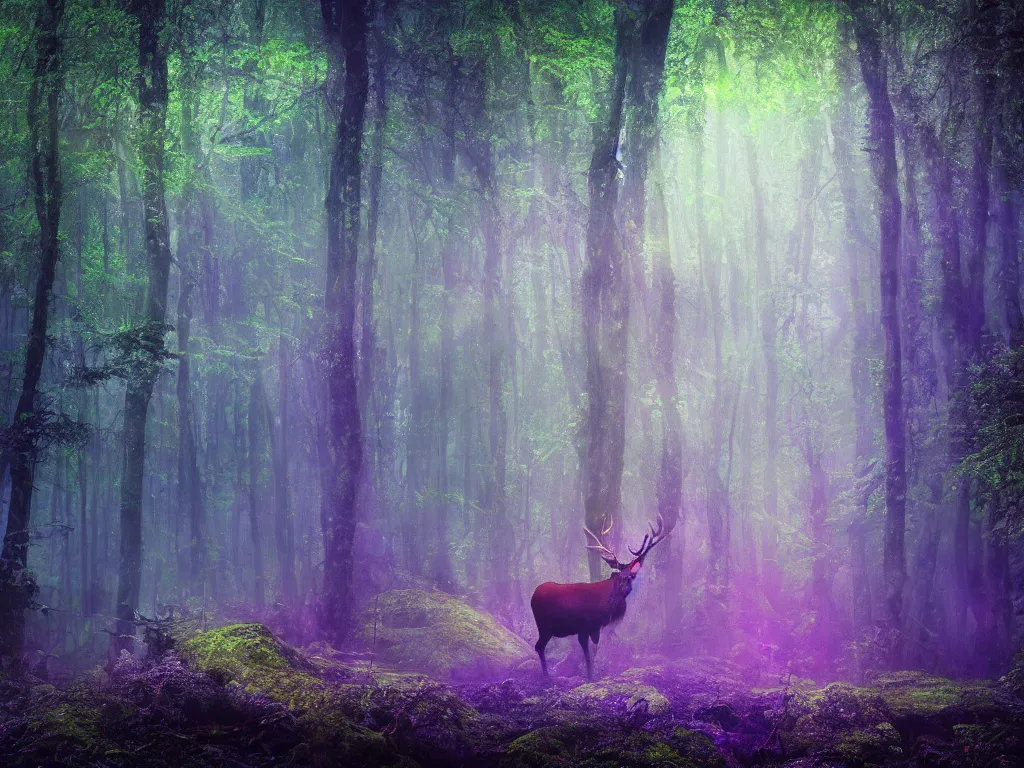 Image similar to a fantasy beautiful dense biorelevant rainforest setting, ultrawide angle, a large blue glowing elk herd, surround it with pixie dust ether floating in the air, hdr, epic scale, cmyk, deep spectrum color