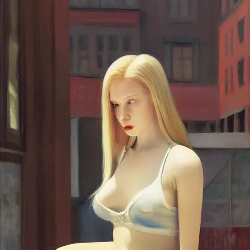 Prompt: Painting of a girl in a cyberpunk city, long blonde hair, delicate, pale milky white porcelain skin, by Edward Hopper. 8K. Extremely detailed.